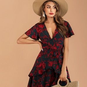 Floral Ruffle Hem Short Sleeve Belted Mini Dress